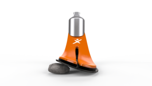 Xtend Foot prosthetic foot standing on a rock, flexing the material 17 degrees