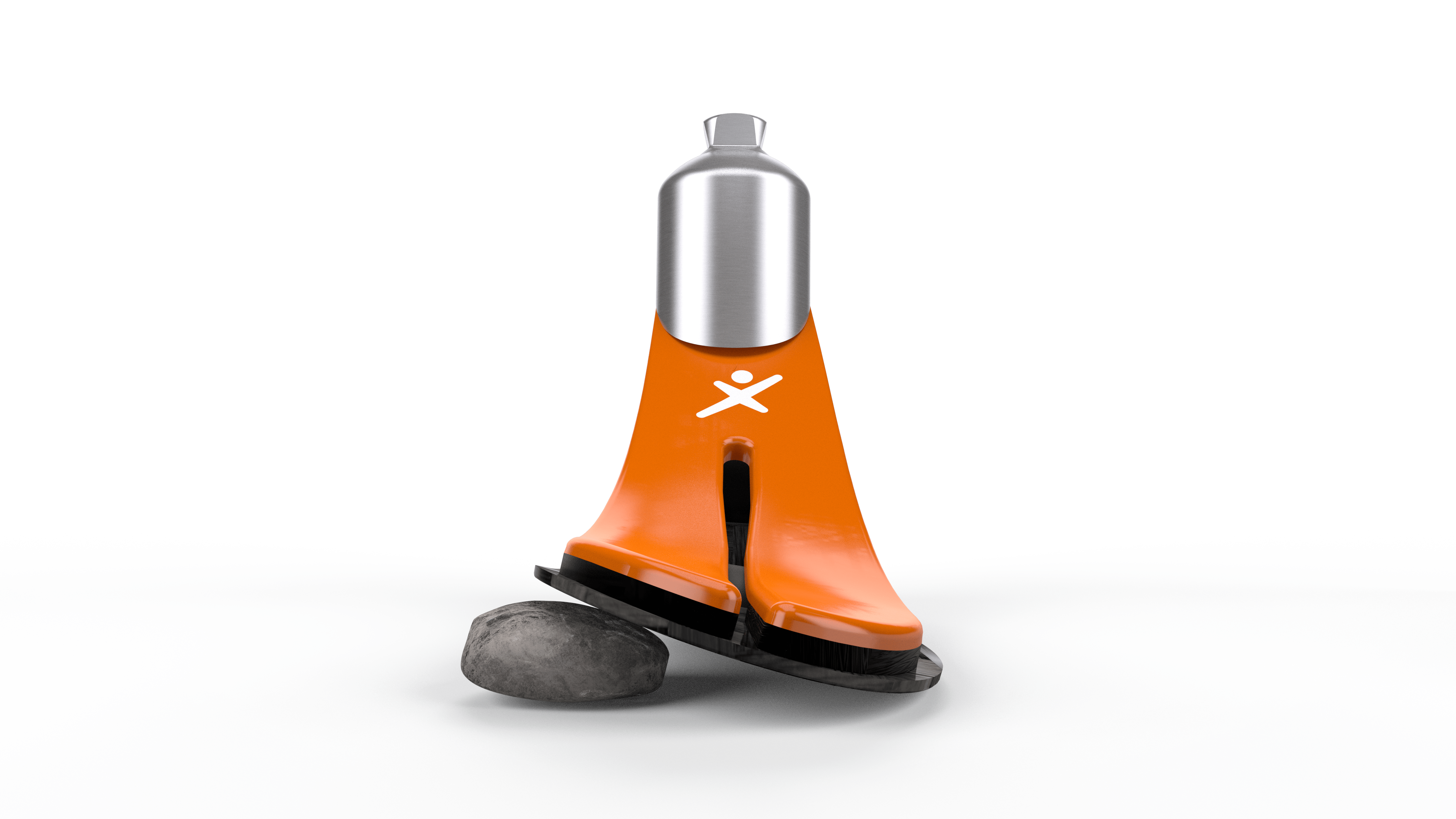 Xtend Foot prosthetic foot standing on a rock, flexing the material 17 degrees